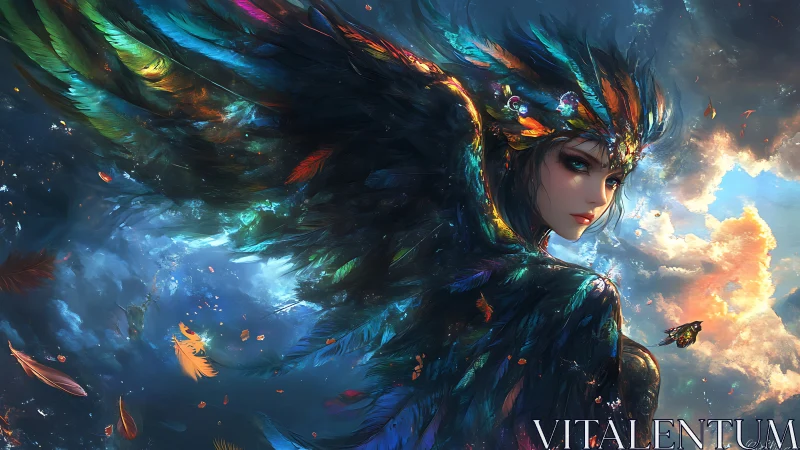 Skyborne feather queen unfurls prismatic twilight wings.