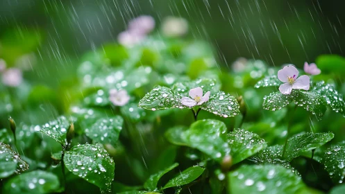 Pink woodland flowers catch fresh raindrops on lush leaves