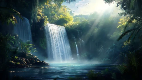Layered rainforest waterfalls with volumetric light and mist interplay