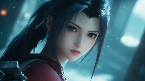 Warrior heroine faces viewer amid cold blue light