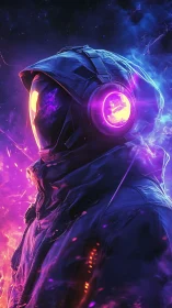 Hooded figure in luminous headset within nebular light field.
