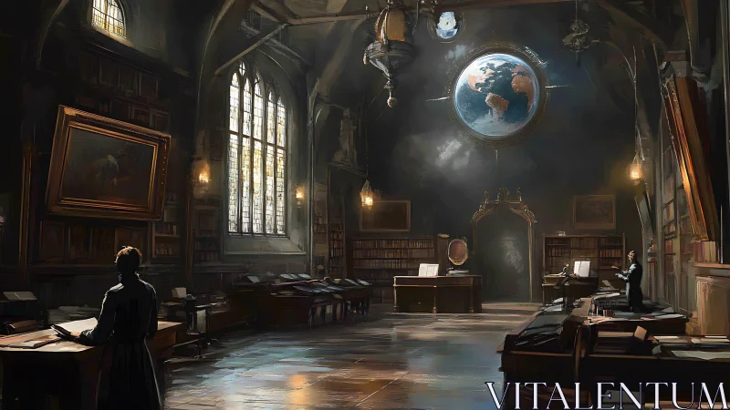 Historic library interior with suspended illuminated globe.