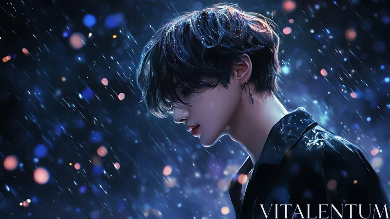 Midnight rain walk with a quietly luminous dreamer.