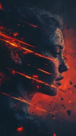Fiery side-profile portrait dissolving into ember streaks.