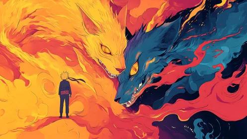 Human figure between opposing fiery and spectral fox forms.