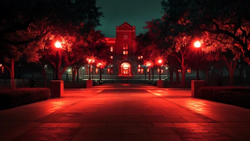 Red-lit campus walkway leading to central academic building.