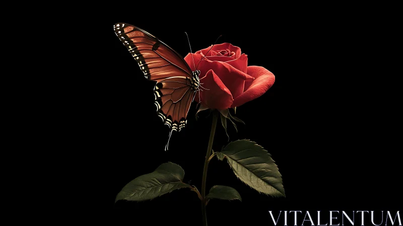 Butterfly resting on single red rose against black field.