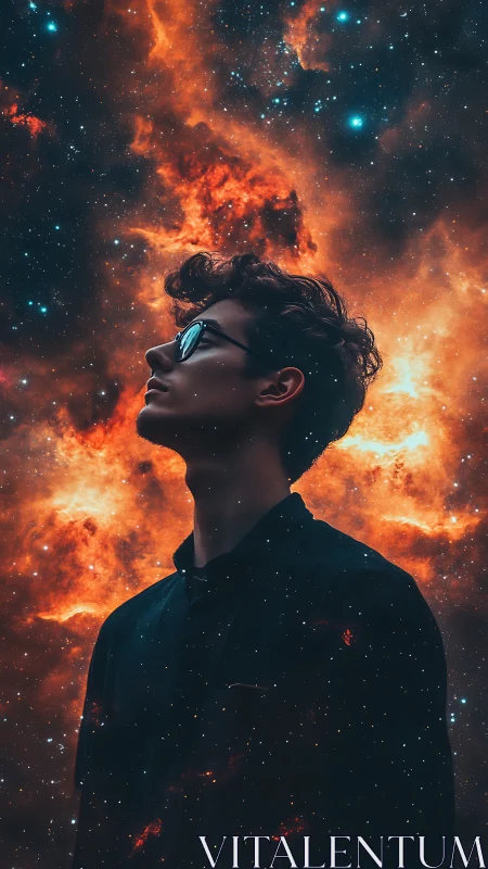 Silhouetted dreamer gazes into fiery cosmic nebula sky