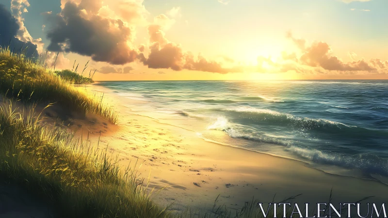 Sunlit shoreline with gentle waves and glowing beach grasses.