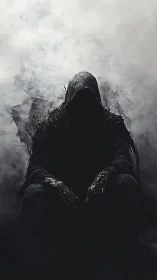 Hooded shadow figure seated within diffuse gray fog field.