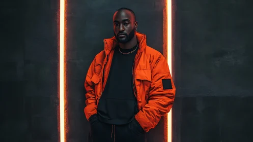 Man in orange jacket against neon vertical light bars.