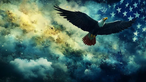Majestic bald eagle soars across stormy star-filled sky.