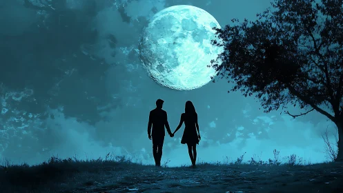 Silhouetted Couple Beneath Luminous Celestial Body.