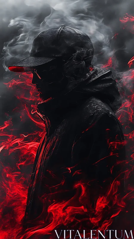 Hooded figure in cap surrounded by red smoke and fire.