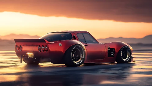Widebody retro sports car rendered with high-gloss PBR shading at sunset