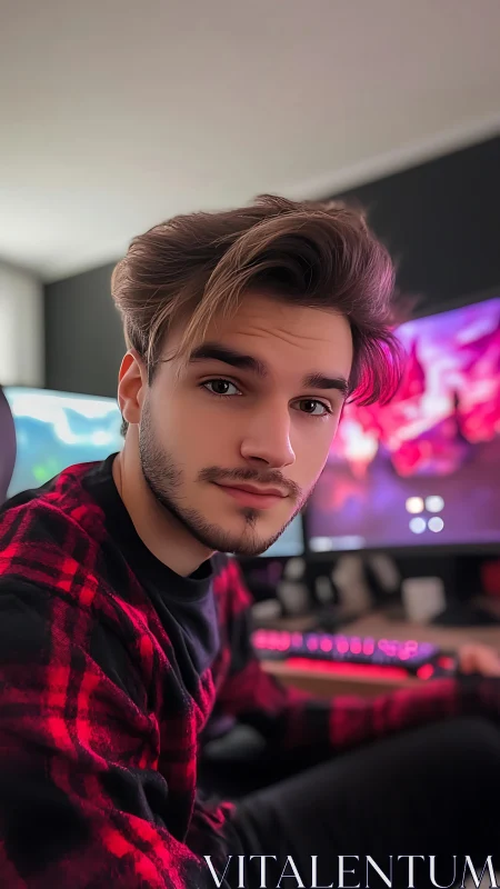 Desktop gamer portrait with RGB backlit setup and soft bokeh background