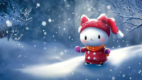 Cartoon snow cat character stands in winter forest snow