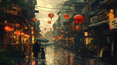 Lantern-lit rain street where quiet umbrellas share secrets.