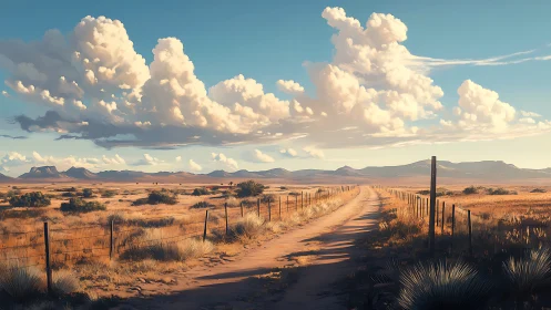 Sunlit country road wanders gently beneath towering clouds