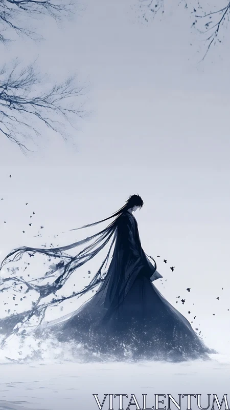 Midnight wanderer trails ink and snow through quiet sky