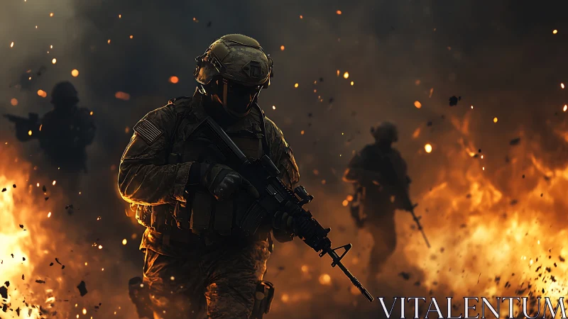 Armed soldiers advancing through fire and dense smoke field.