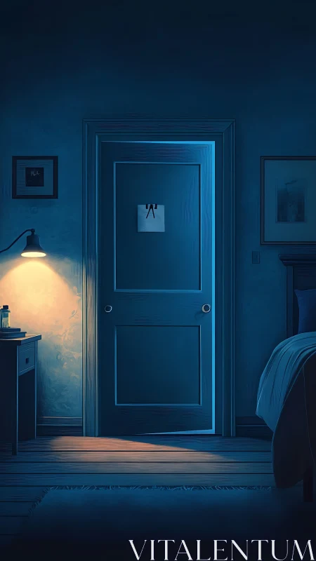 Nighttime bedroom doorway with blue rim lighting and ajar door