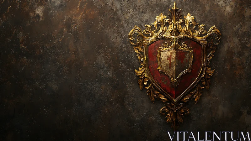 Ornate golden heraldic shield glows against weathered wall.