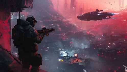 Armored sniper scans a neon war zone under burning skies