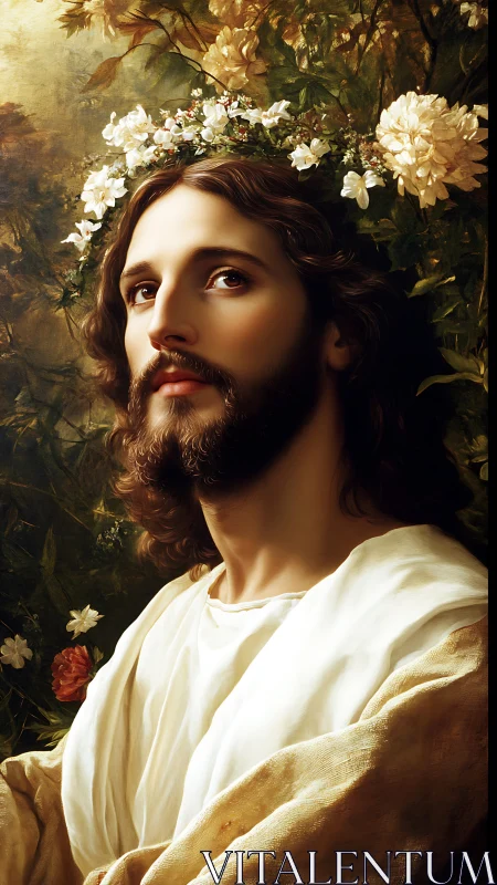 Idealized bearded figure in floral wreath, soft golden lighting