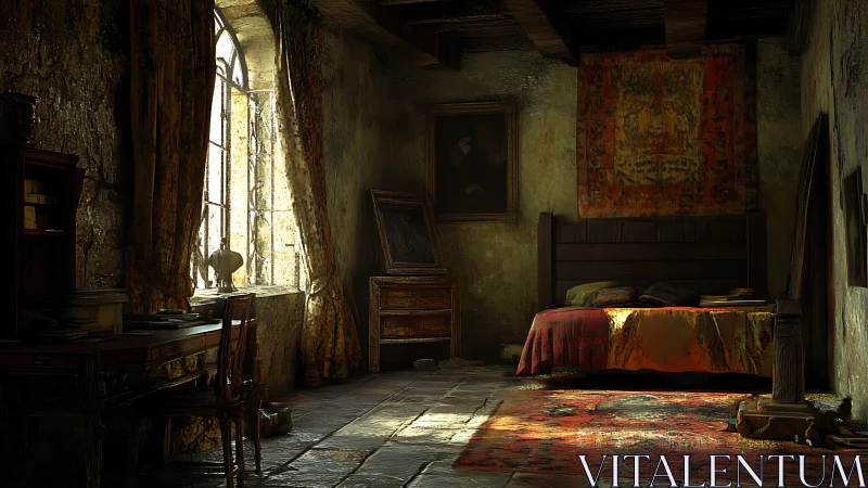 Weathered medieval bedroom with soft window light period.