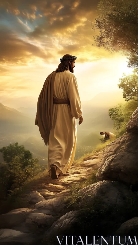 Messianic figure walking sunlit mountain path in soft glow