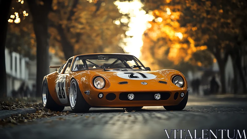 Low-slung vintage race car under soft autumn sunset glow.