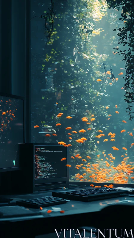 Bioluminescent code terminal overlooking dense aquatic microcosm.