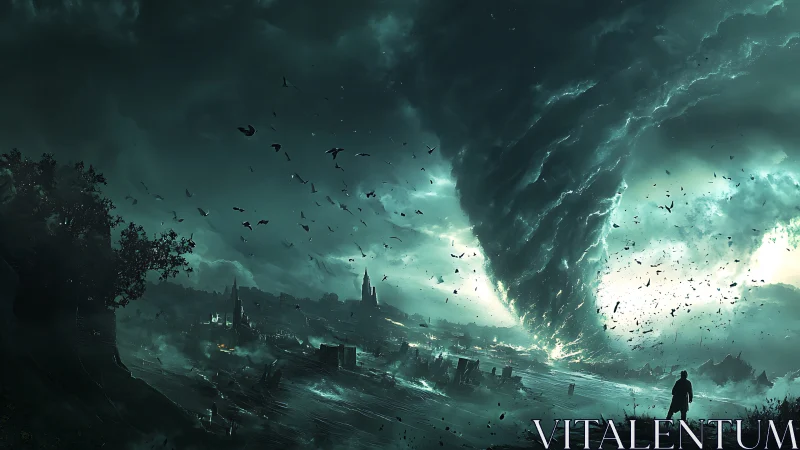 Storm-lit horizon reveals a lone figure facing colossal tornado