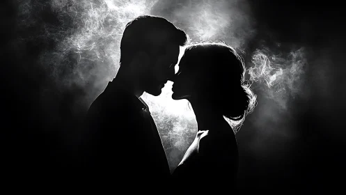 Silhouetted figures in close proximity with dramatic backlighting.