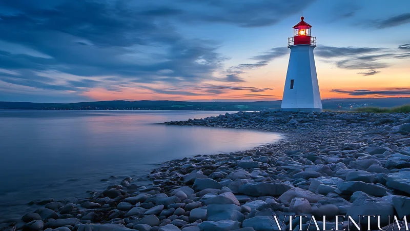 Coastal lighthouse with rocky shoreline at dusk lighted beacon.