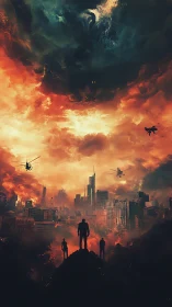 Apocalyptic skyline burns beneath colossal storm entity