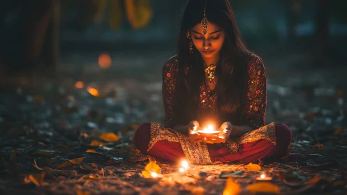 Woman in Traditional Attire Holding Diya Lamps in Soft Evening Light.
