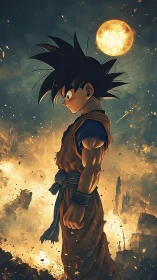 Solar storm warrior boy amid crumbling cosmic ruins.