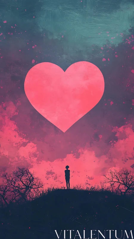 Solitary Figure Beneath Giant Heart Sky.