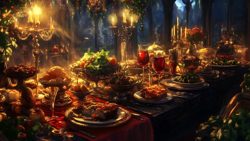 Candlelit banquet table with diverse dishes and glassware.