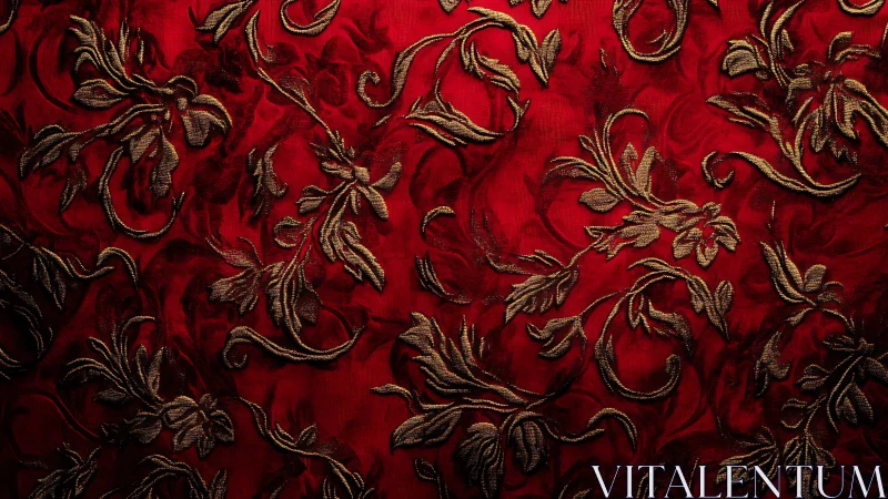 Ornate red jacquard textile with baroque floral gold embroidery