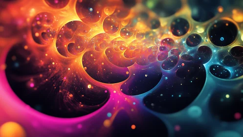 Neon fractal bubbles swirl through cosmic liquid space.