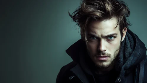 Storm-eyed stranger framed in teal-shadowed quiet.