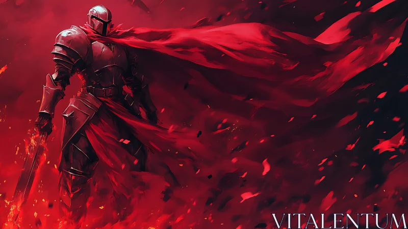 Armored knight stands in red flames with flowing cape