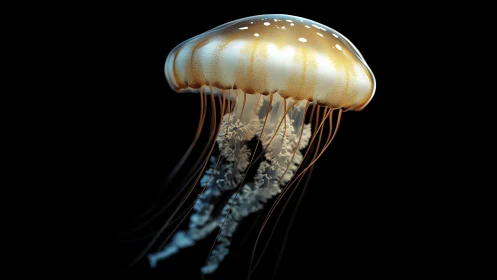 Golden jellyfish drifting in luminous deep-sea void.