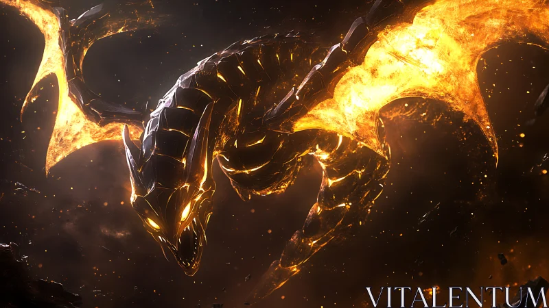 Molten metallic dragon form amid dark fiery atmosphere.