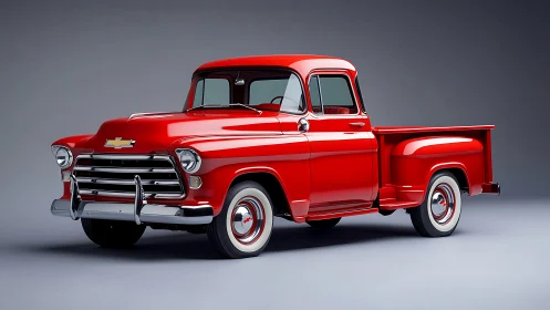 Photorealistic red vintage pickup in studio-side three-quarter view.