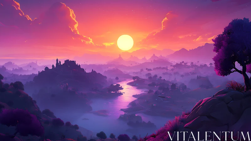 Vibrant fantasy valley river at sunset with distant town.