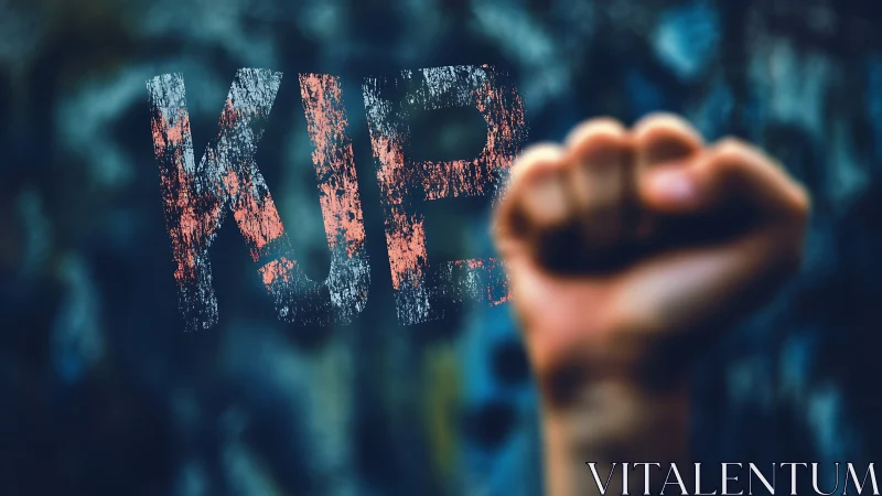Raised fist with distressed KJP text on dark backdrop.